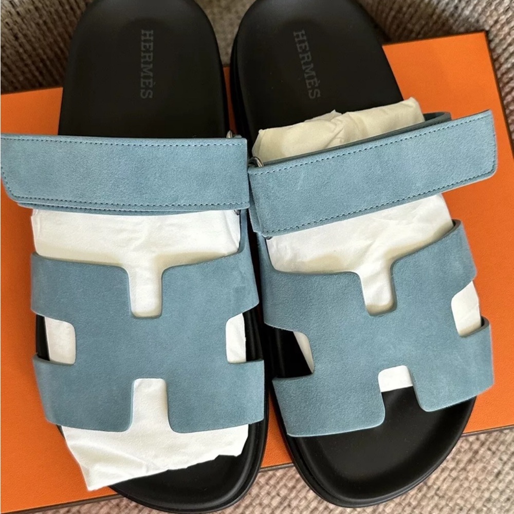 NIB HERMÈS Bleu Minéral Suede Women’s Chypre Sandals - Picture 2 of 11